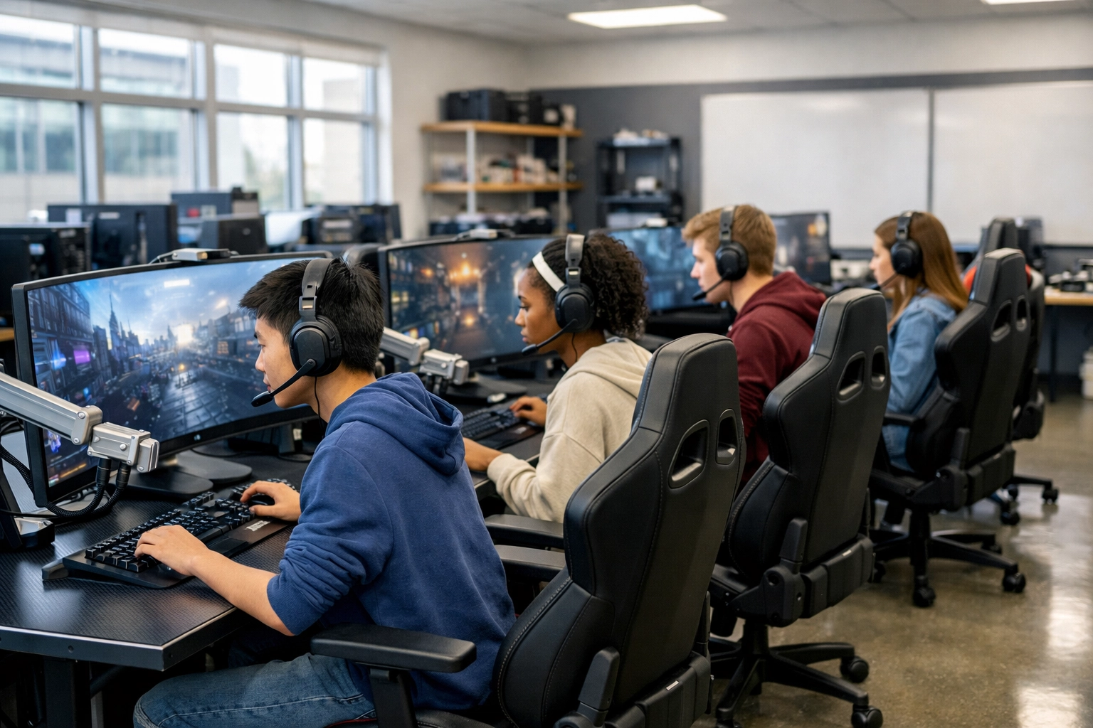 High school students using professional esports gaming pods for immersive educational simulation and teamwork.