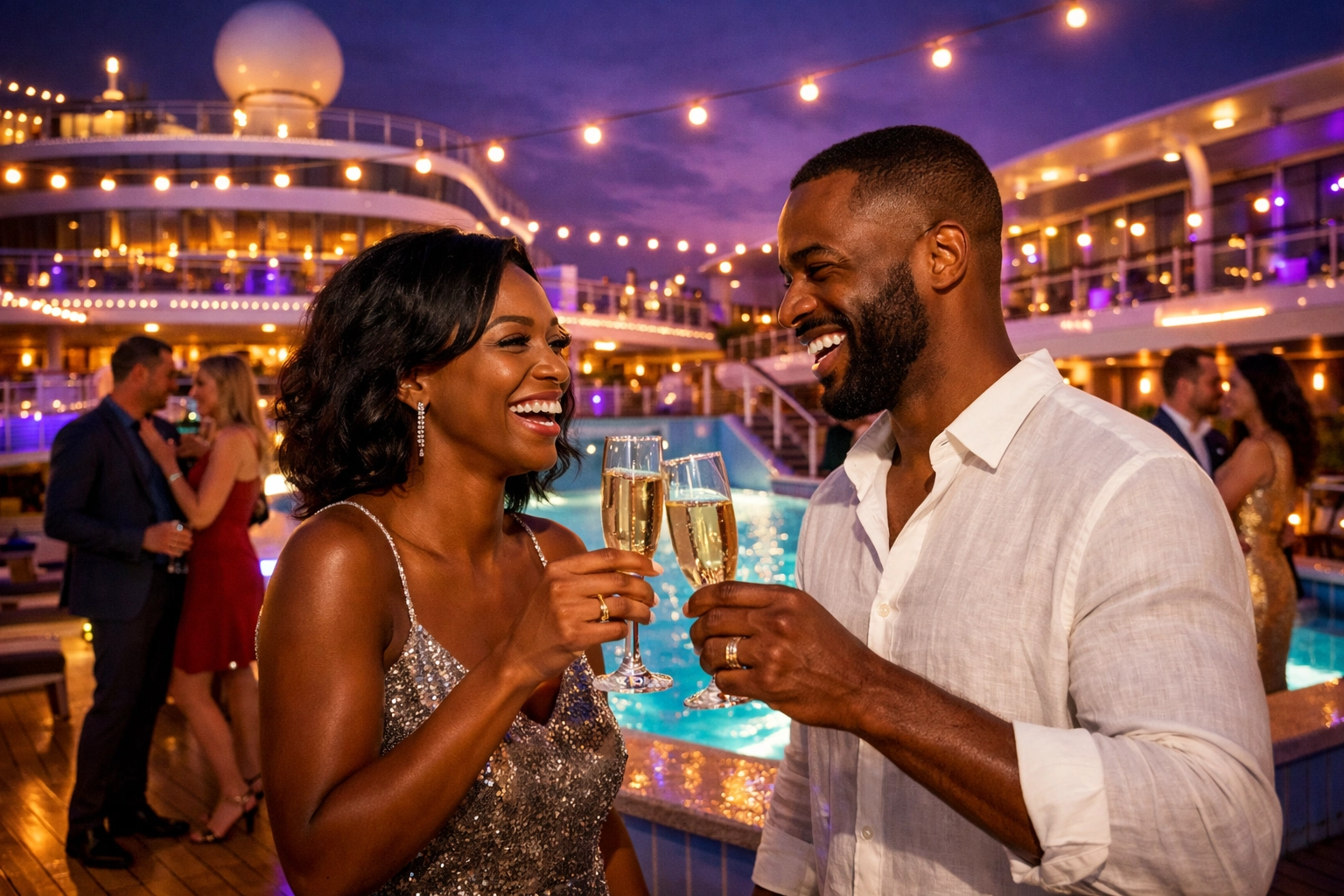 A stylish Black couple toasts with champagne on a vibrant cruise pool deck, booked by their Omaha travel agent.