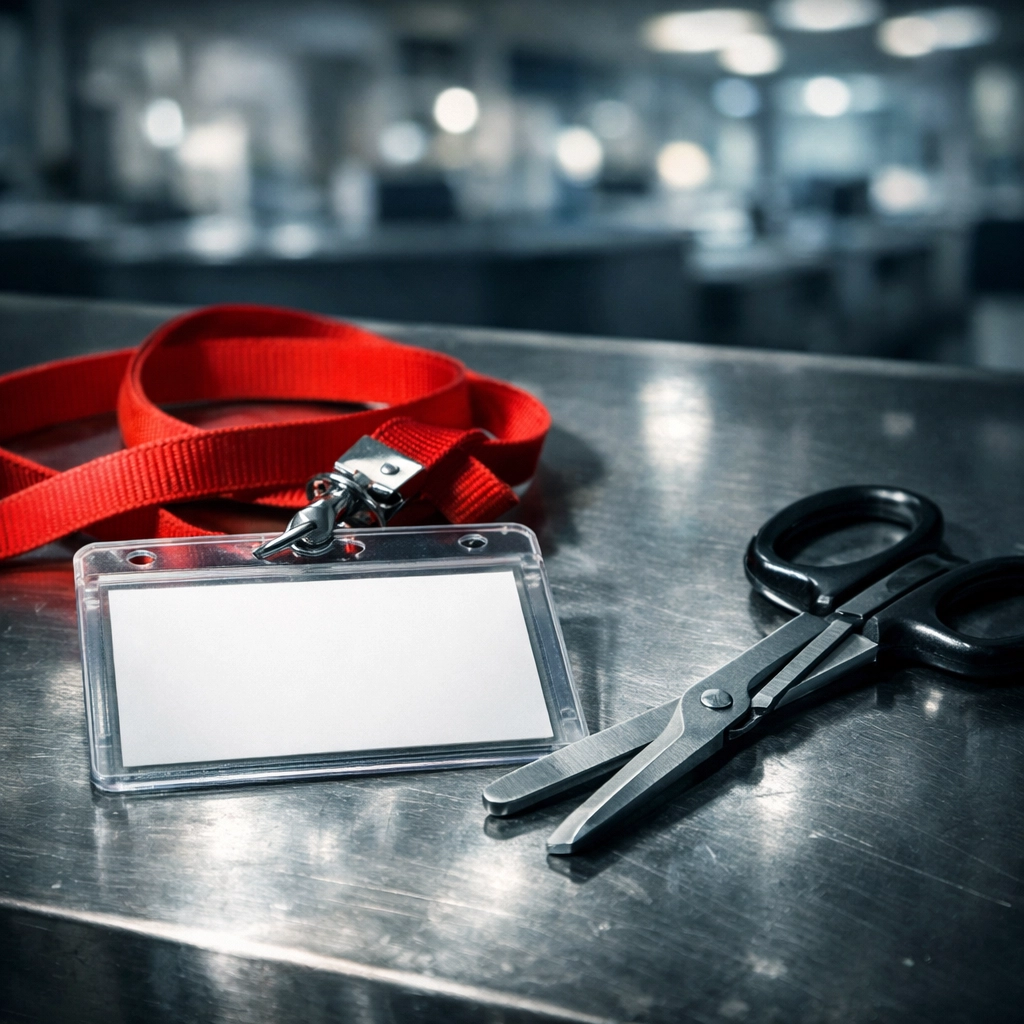 A discarded medical ID badge and surgical shears on a counter, symbolizing high nursing turnover and staffing gaps.