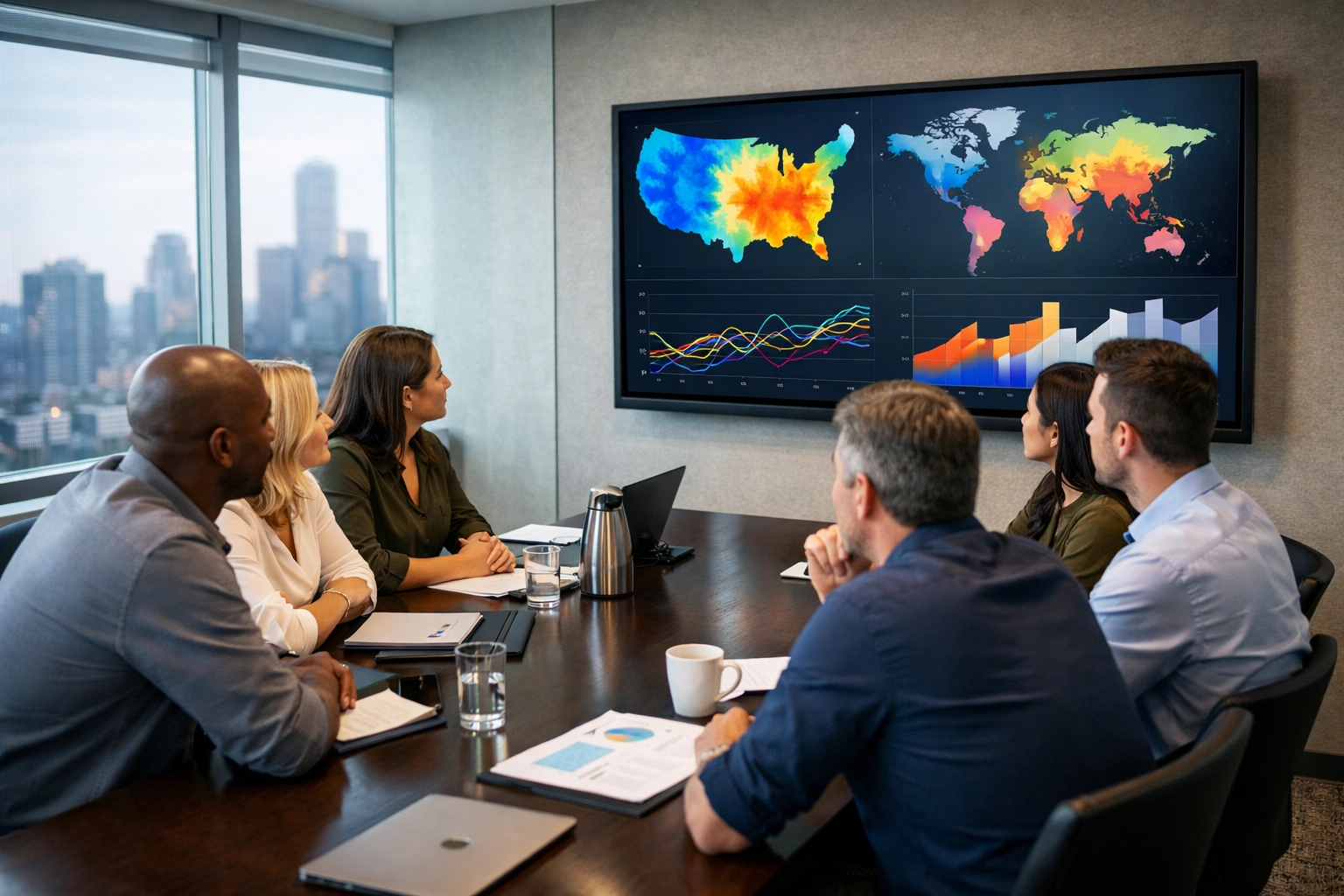 Dakdan Worldwide strategic consultants analyzing sports marketing data and fan demographics in a modern office.