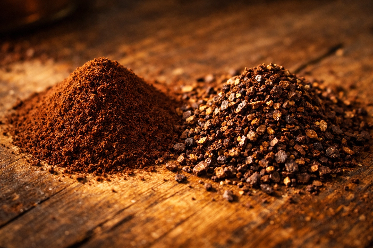 Fine espresso grind vs coarse French press coffee grounds on wooden surface