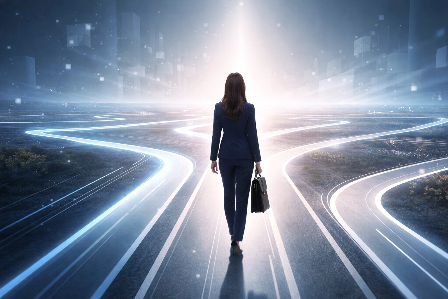 Business leader at crossroads choosing pathways symbolizing management training and learning transfer