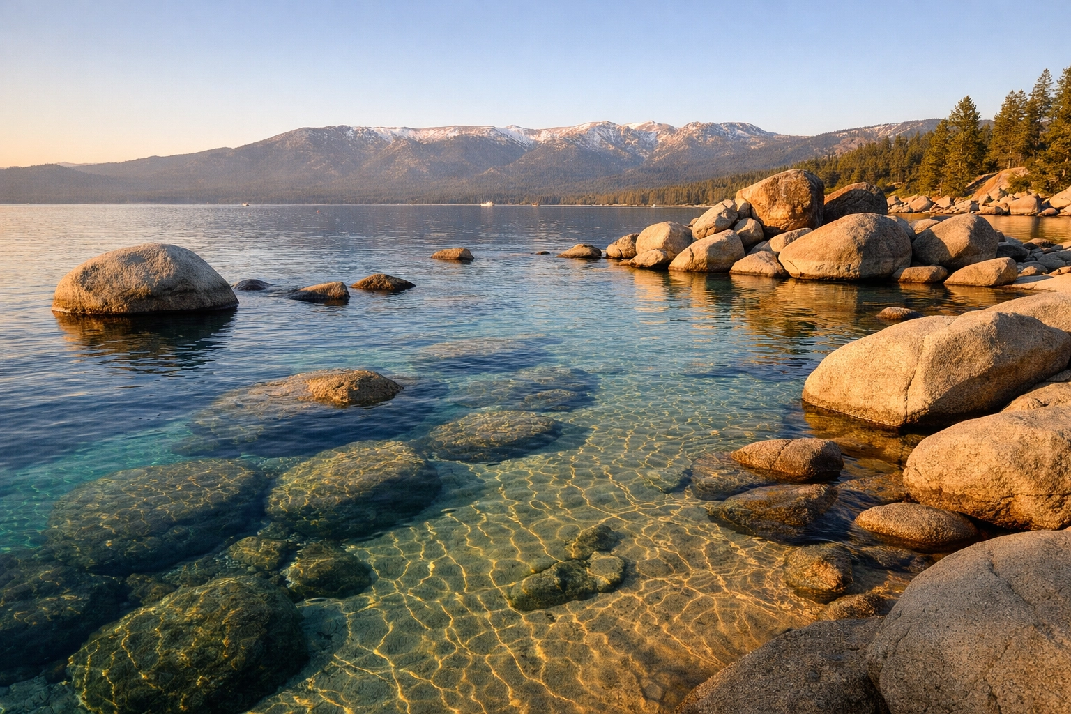Morning golden hour at Sand Harbor showing turquoise water and granite boulders, a top Lake Tahoe photography location.