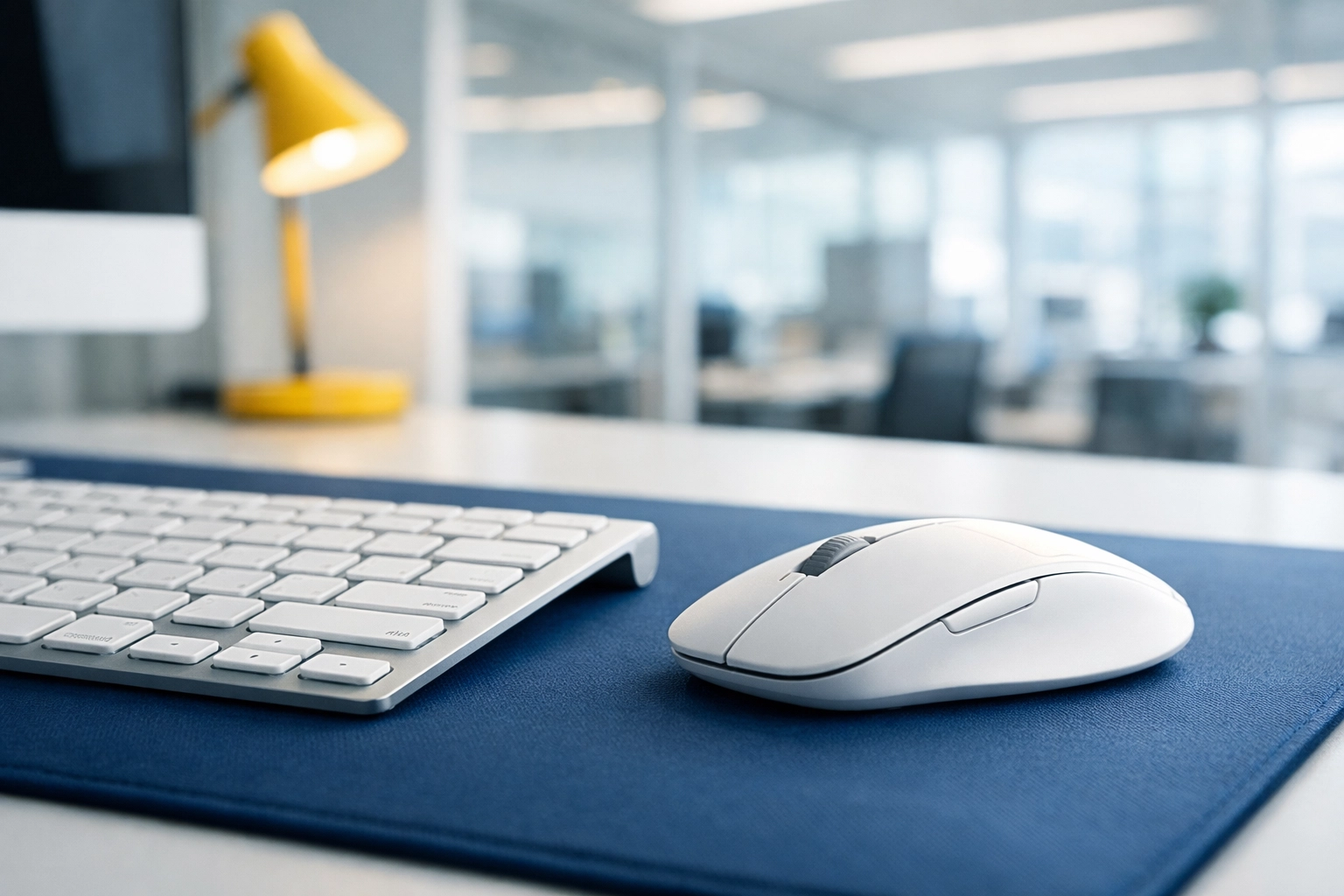 Clean tech workstation in a Kendall Square office showing a sanitized keyboard and mouse.