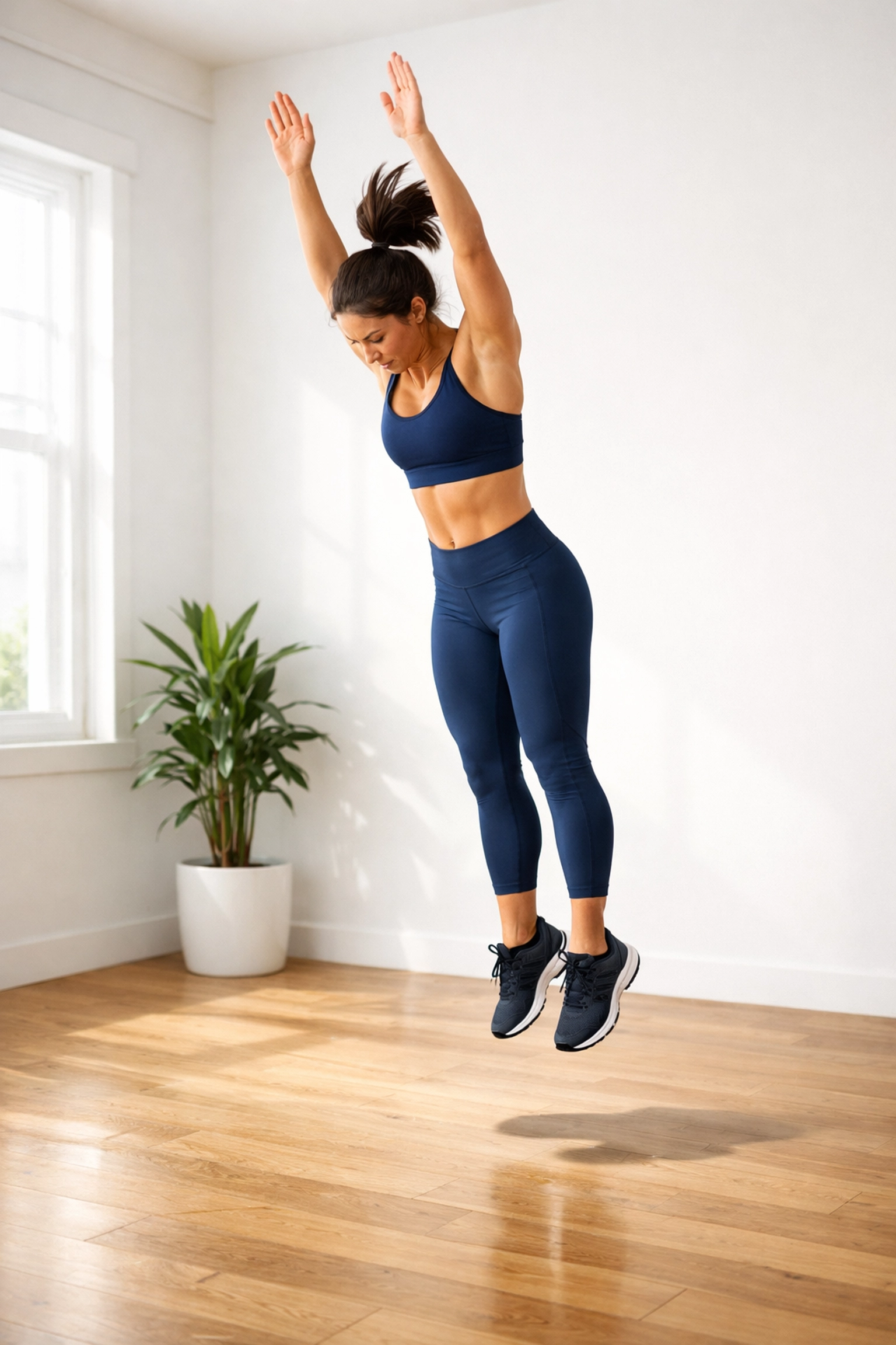 Athlete performing bodyweight burpee exercise at home demonstrating equipment-free training