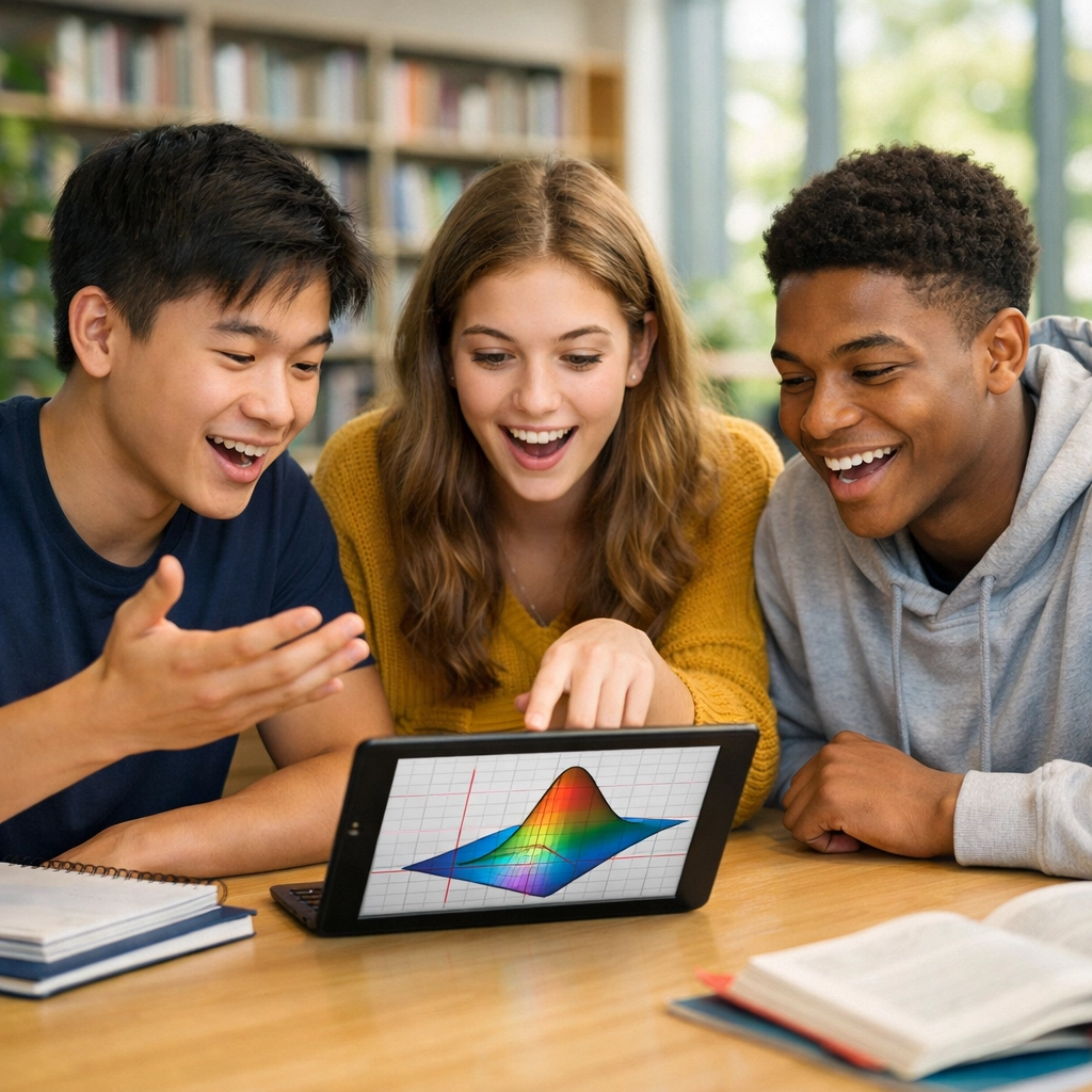Students discussing a complex math graph as part of their SAT study plan in a bright library.