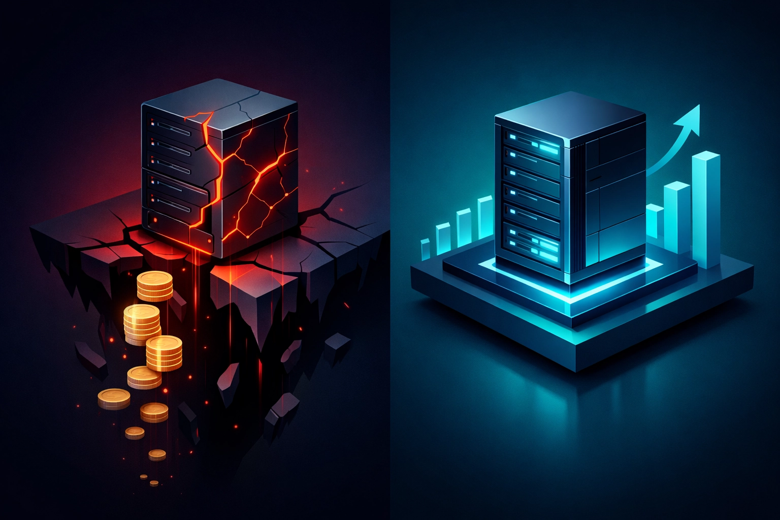 Comparing expensive reactive IT server failures with stable managed IT infrastructure costs.