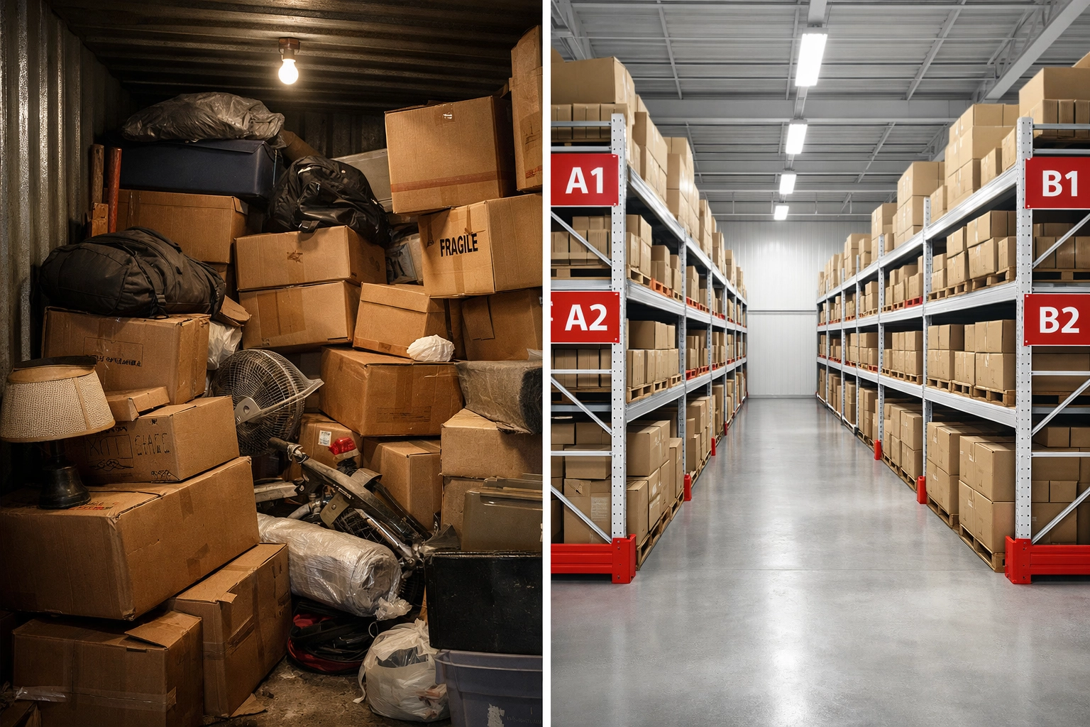 Comparison of cluttered storage unit versus organized warehouse space in Hertford