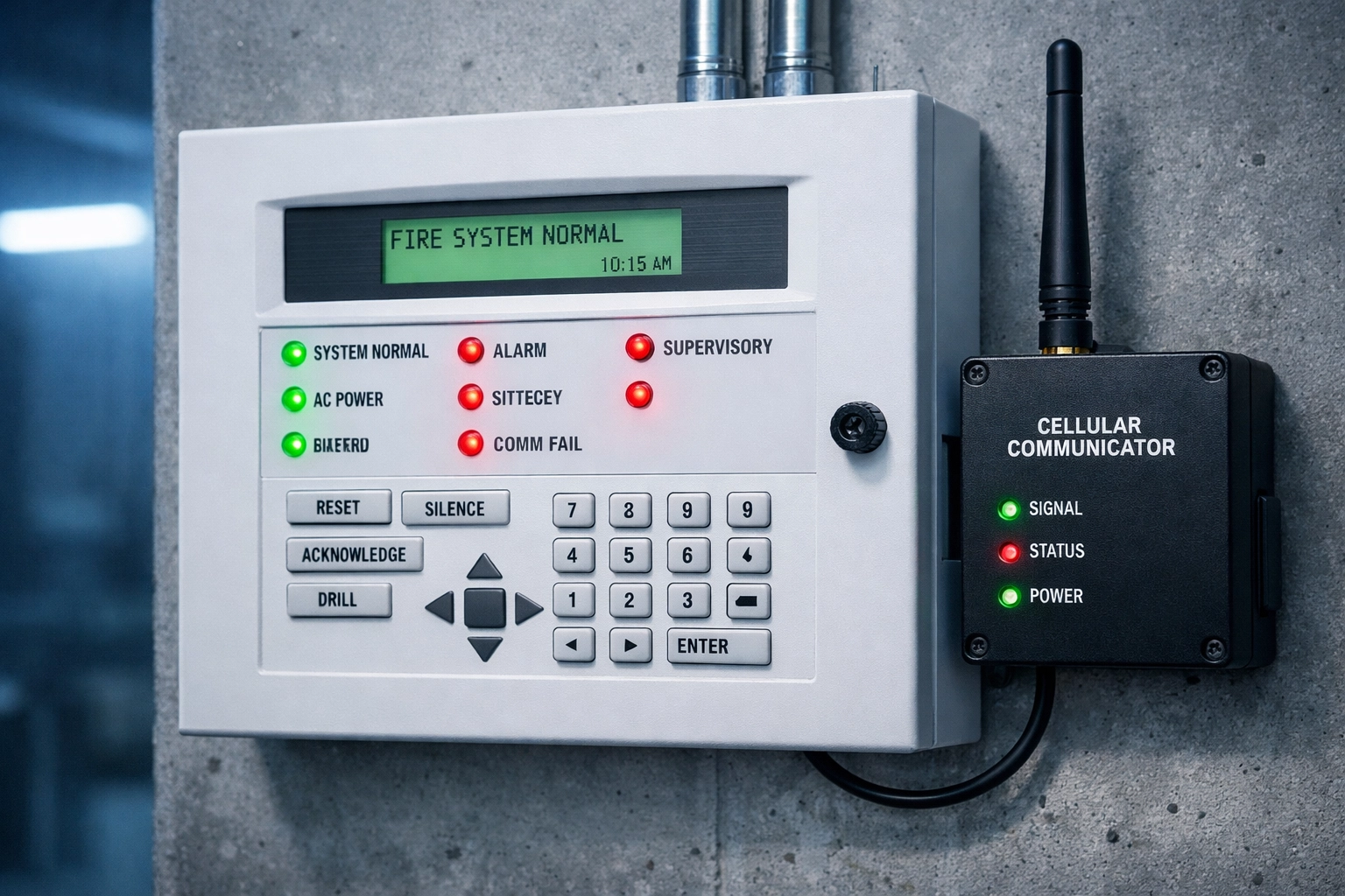 Fire alarm control panel with cellular backup device for NFPA 72 compliance and POTS replacement