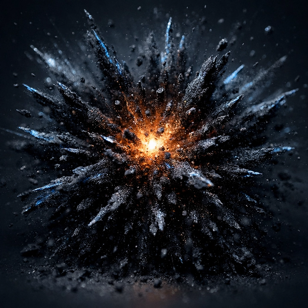 Fine jet-black activated charcoal powder burst illustrating potent digestive health and detox benefits.