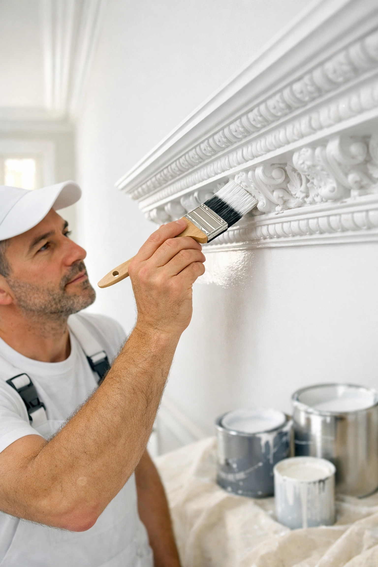 Professional painter carefully working on ornate Victorian cornice in Cheltenham period property