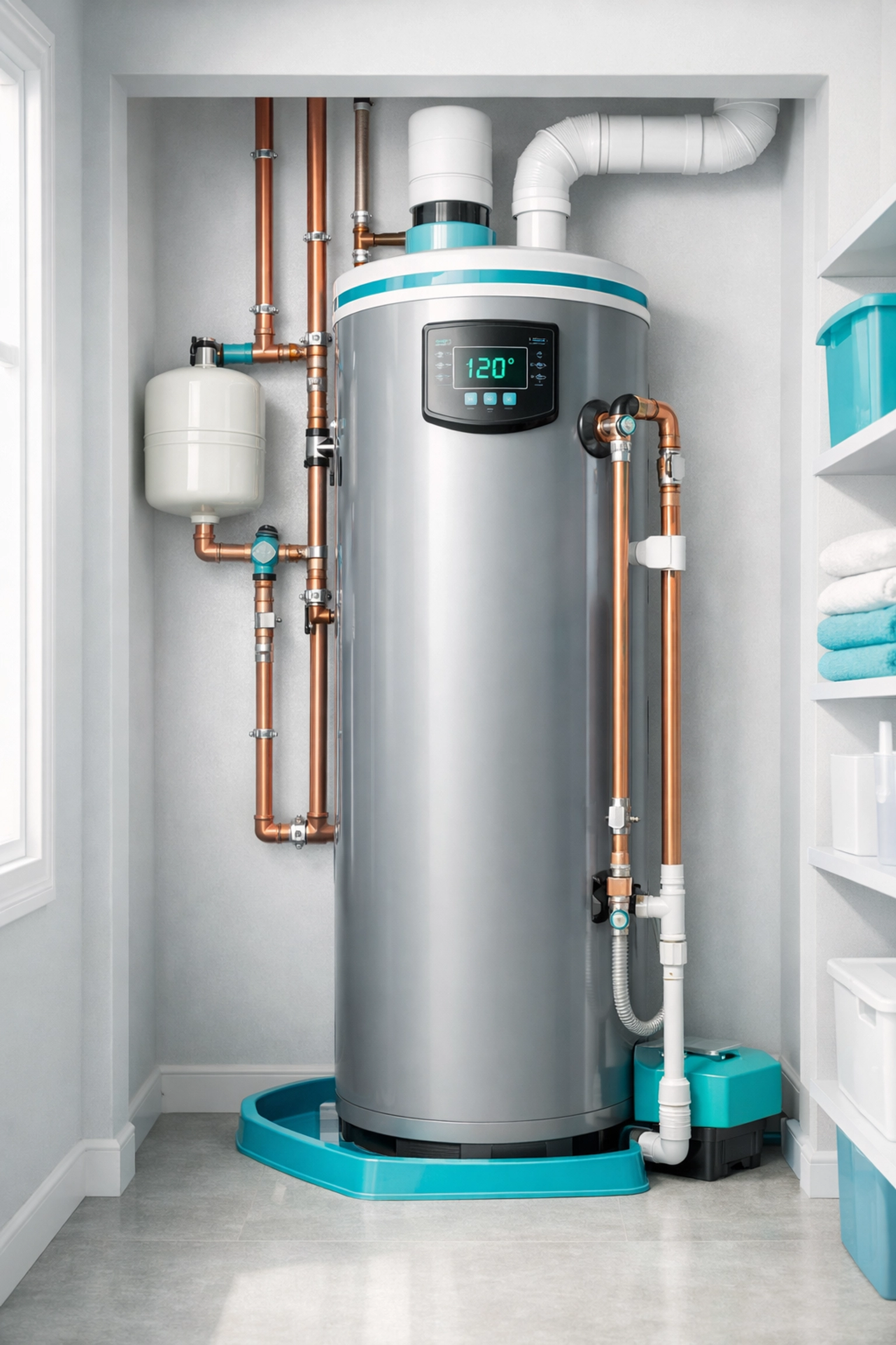 High-efficiency tank system after a professional water heater installation florida in a residential closet.