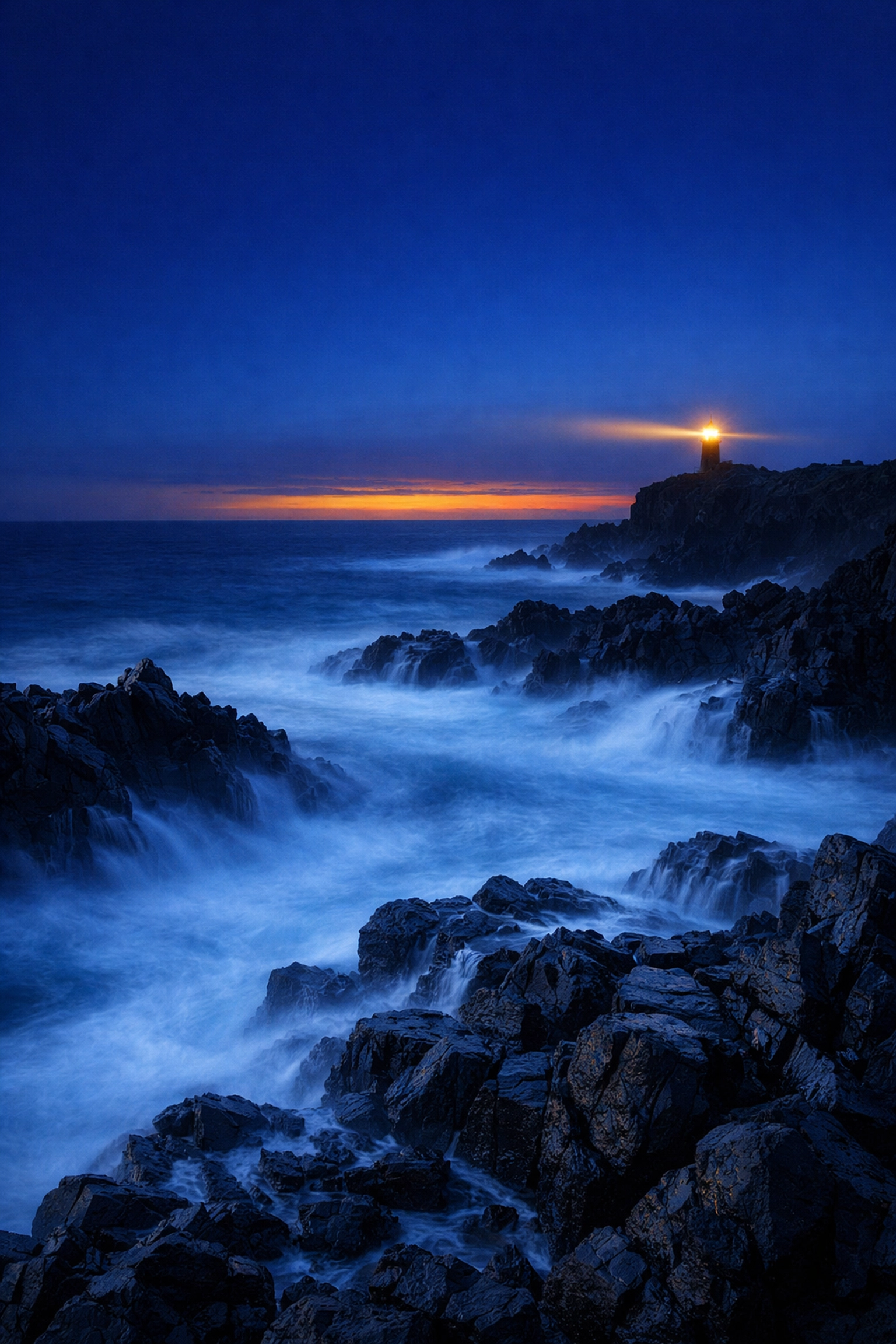 Blue hour long exposure of ocean waves and coastline after golden hour sunset.
