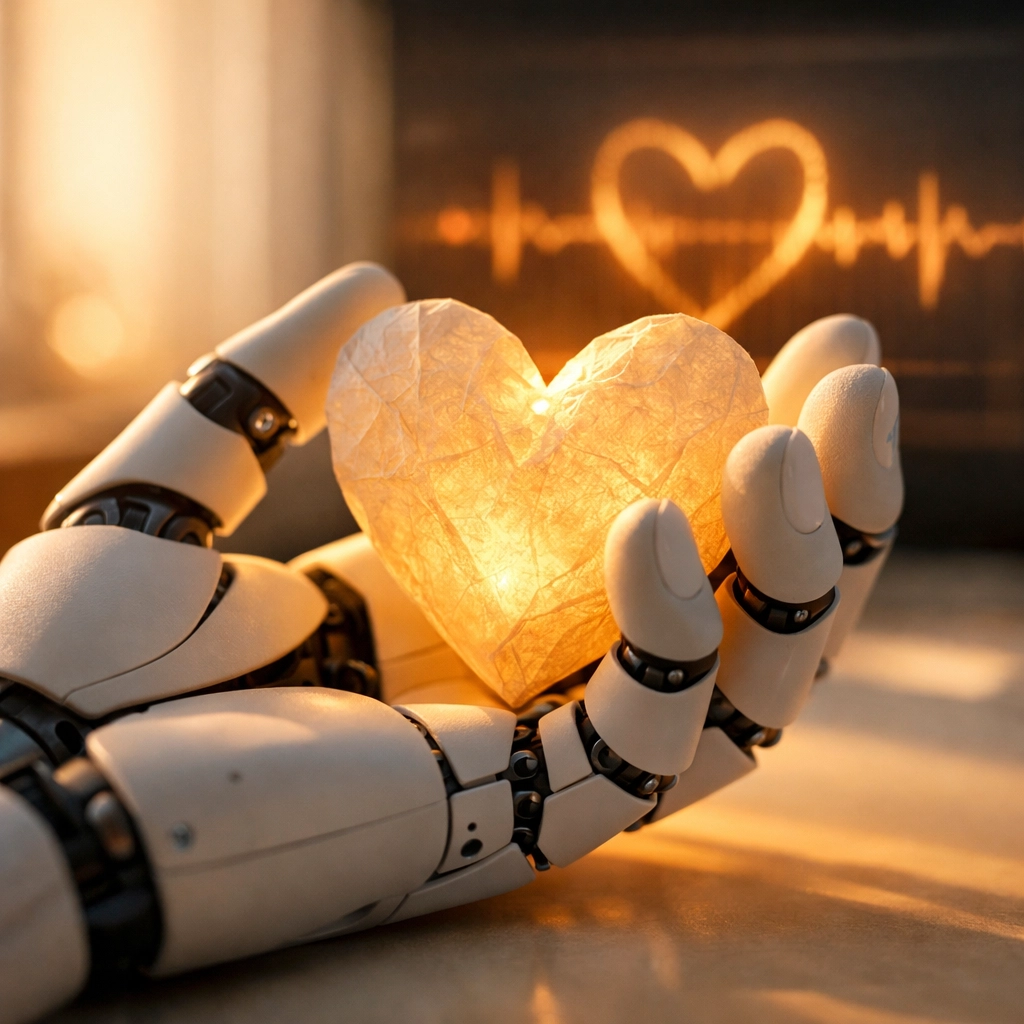 Robot hand holding a glowing heart symbolizing empathy and brand voice in SaaS AI customer service.
