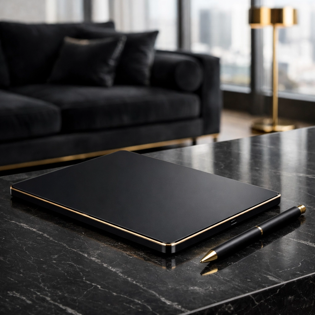 Professional digital tablet and stylus for property inventory documentation in a luxury living room.