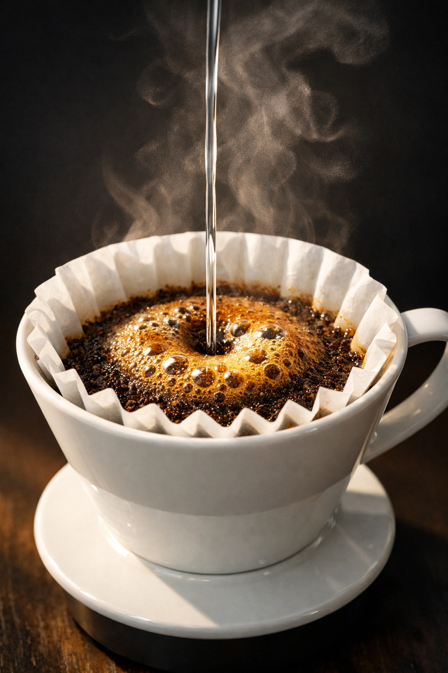 Fresh coffee grounds blooming in a ceramic pour-over dripper, showcasing the quality of on-demand roasting.