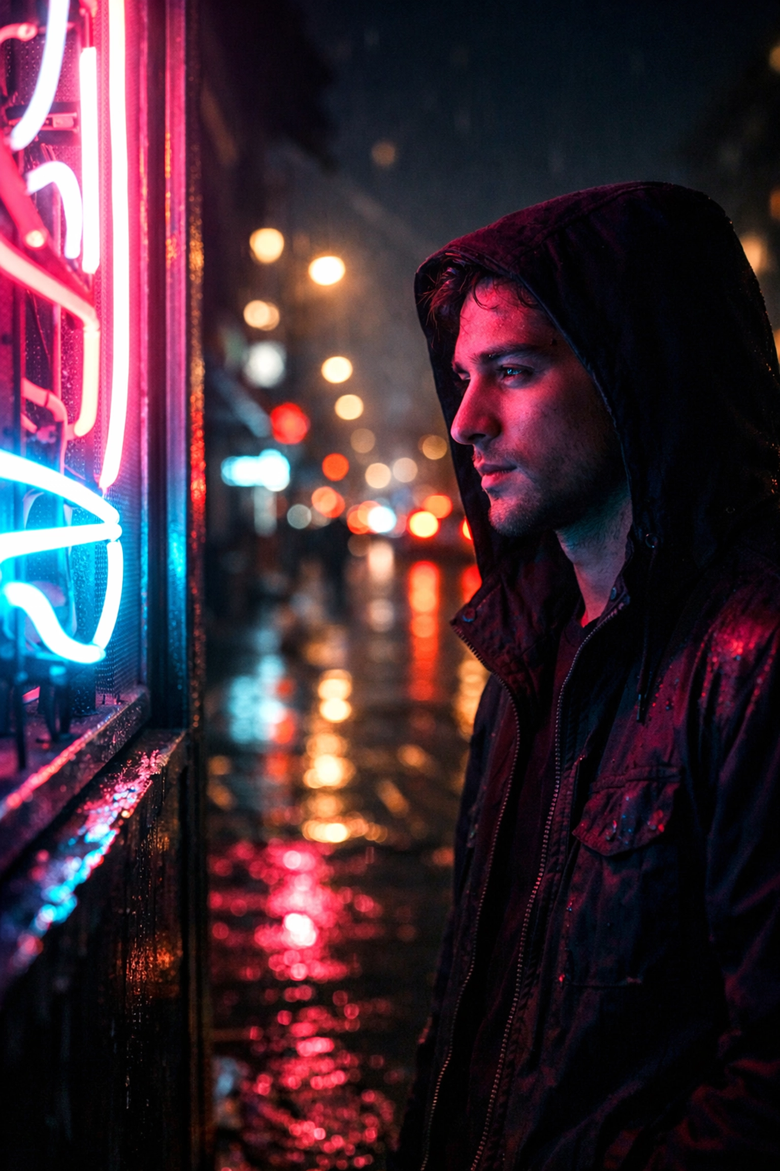 Night street photography ideas featuring a person lit by vibrant neon signs on a city street.