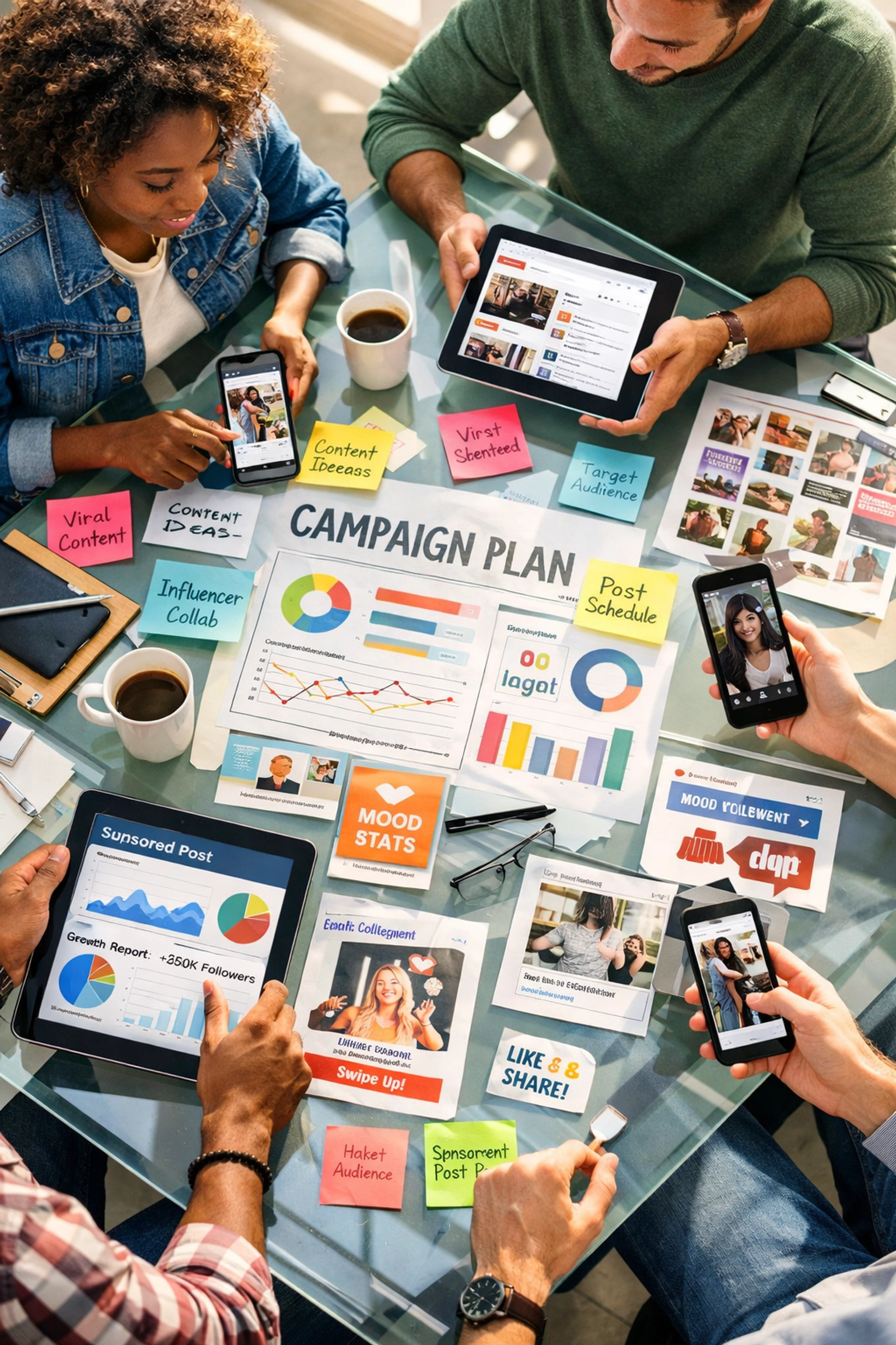 Creative team developing social media and influencer content for Super Bowl marketing campaign