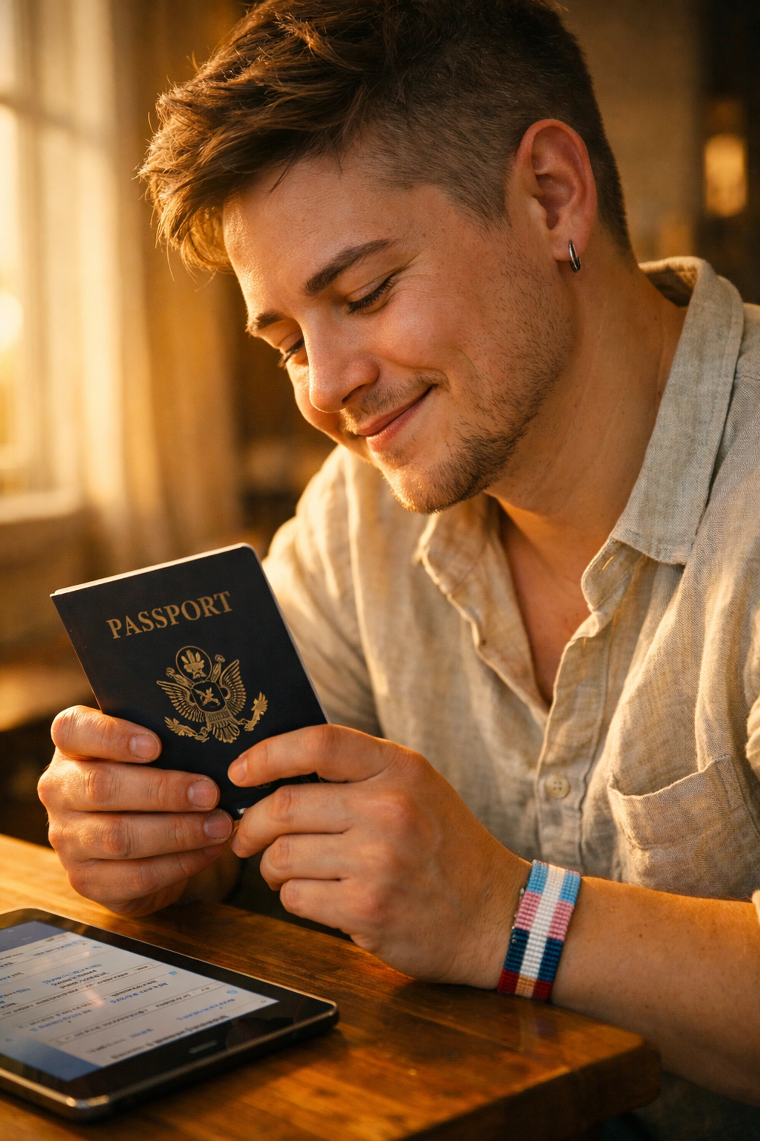 Trans-masculine person smiling at an updated passport, representing gender euphoria in trans travel planning.