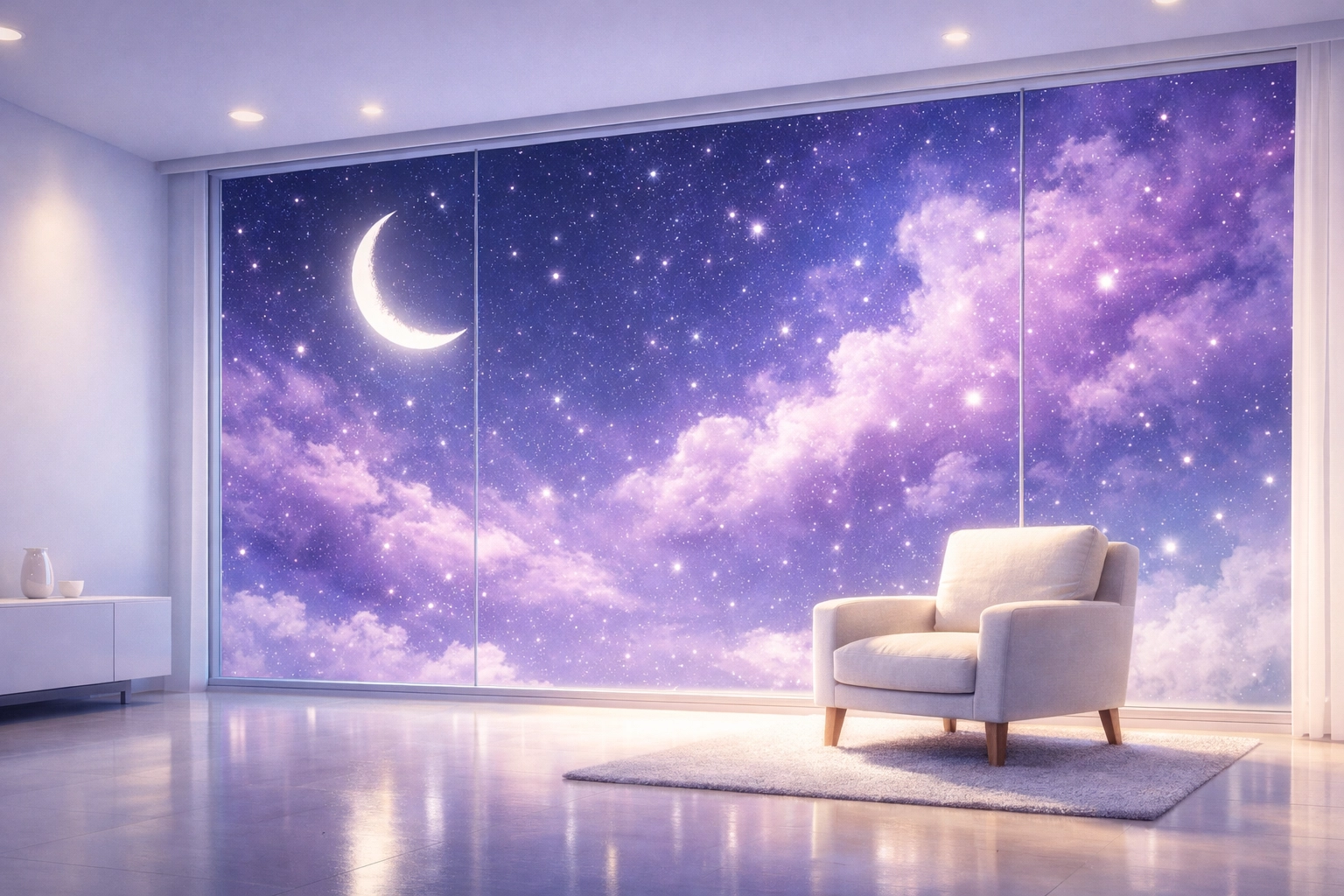 A peaceful room with a view of a starry night sky representing God's presence during late-night prayer.