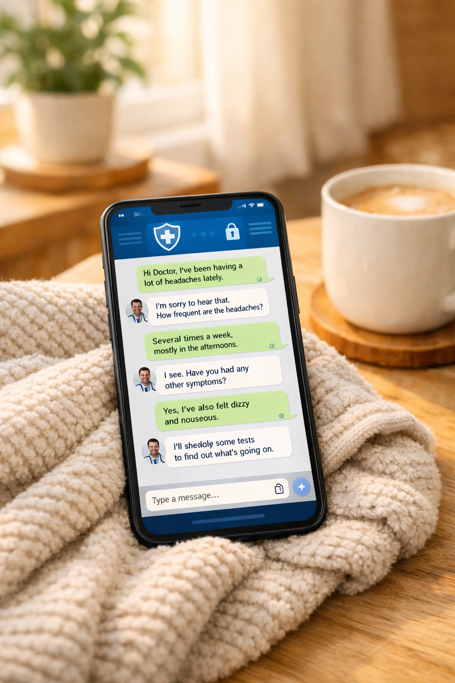 Patient using smartphone for secure online doctor consultation via text messaging at home