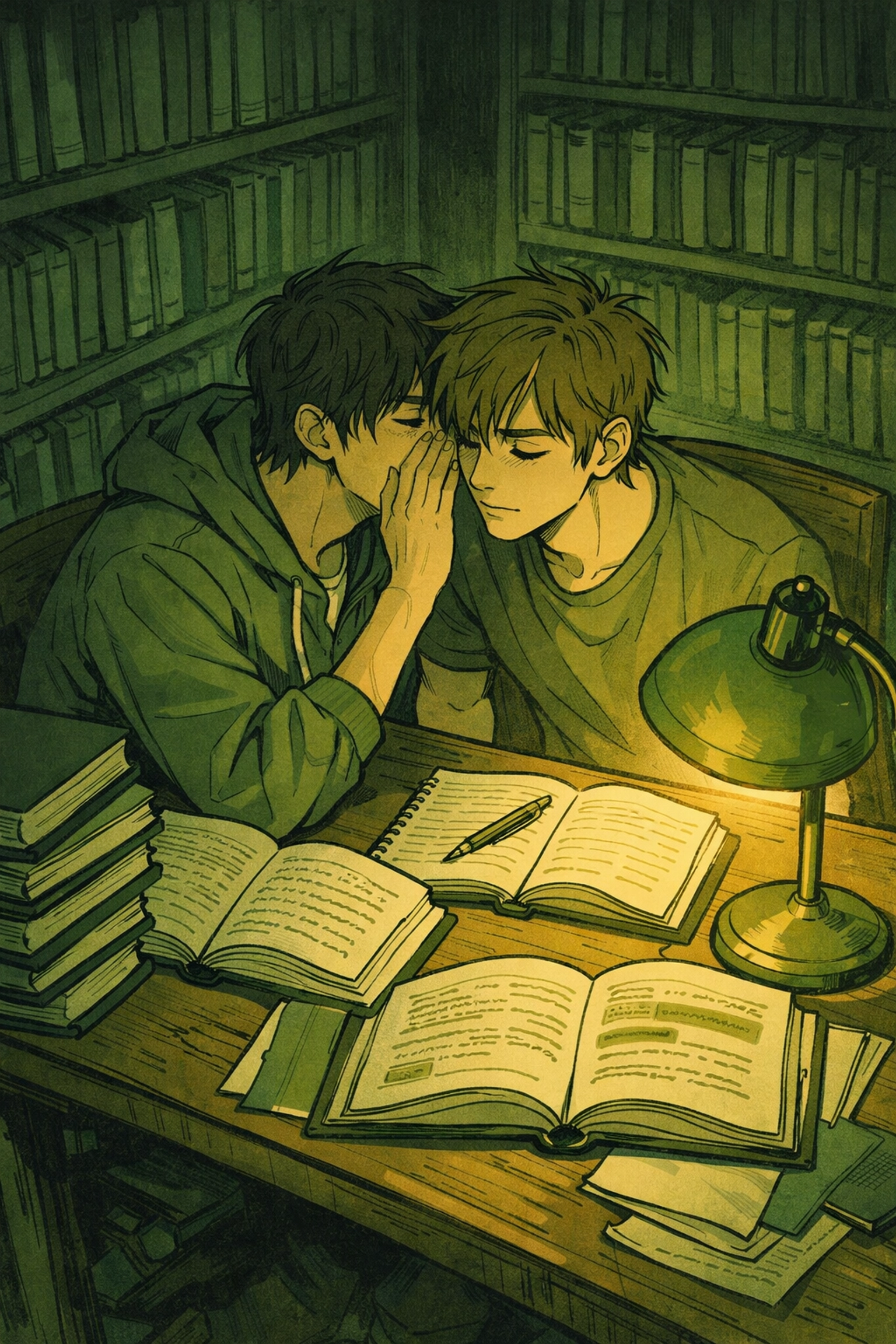 Two male students whisper intimately at library study table during late-night MM romance session