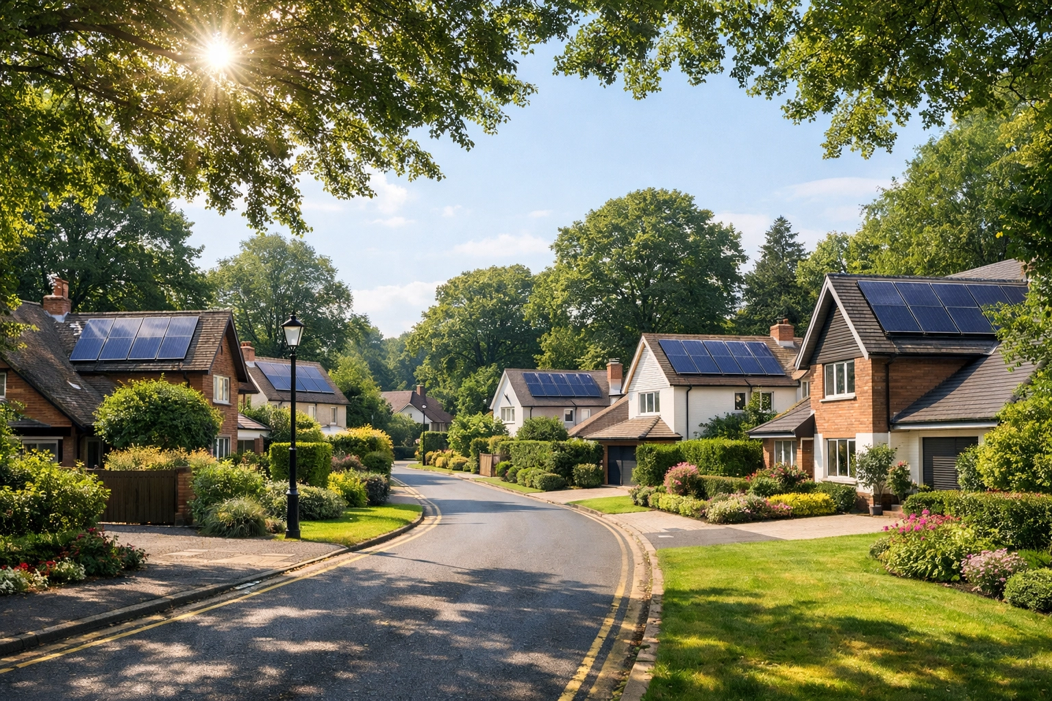Eco-friendly residential street in Ferndown with professional solar panel installations on high-end homes.