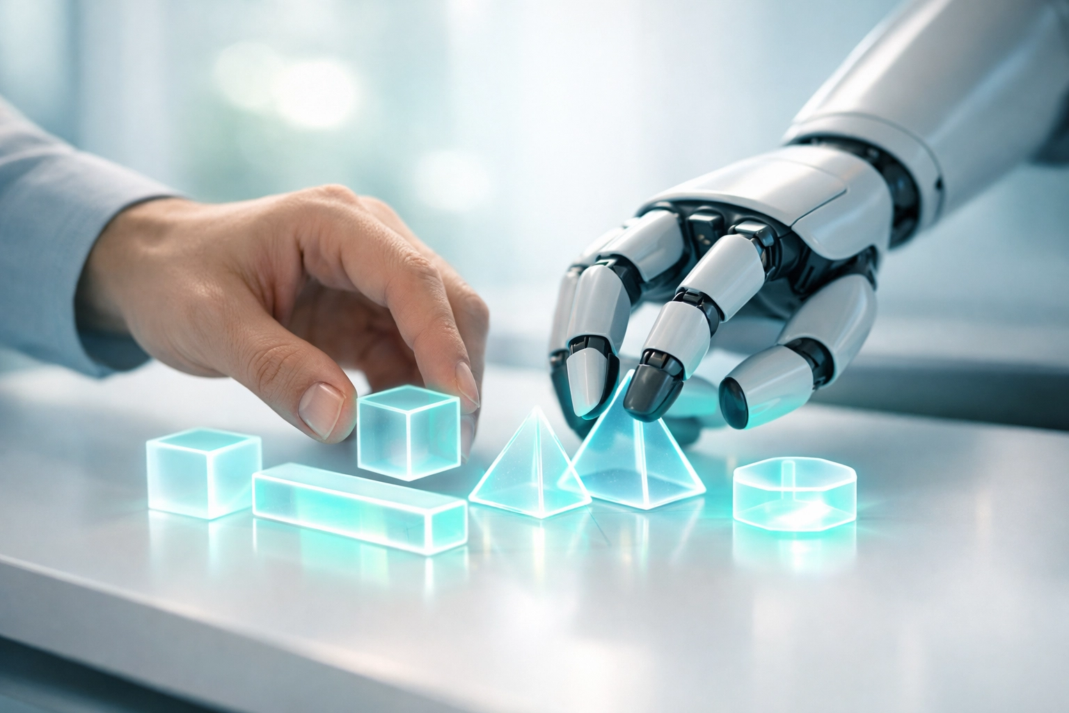 Human and robotic hands collaborating on data tasks, symbolizing efficient human-AI customer service workflows.