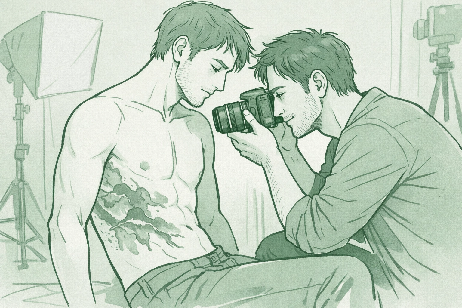 Two men sharing intimate moment during tattoo photography session - MM romance illustration