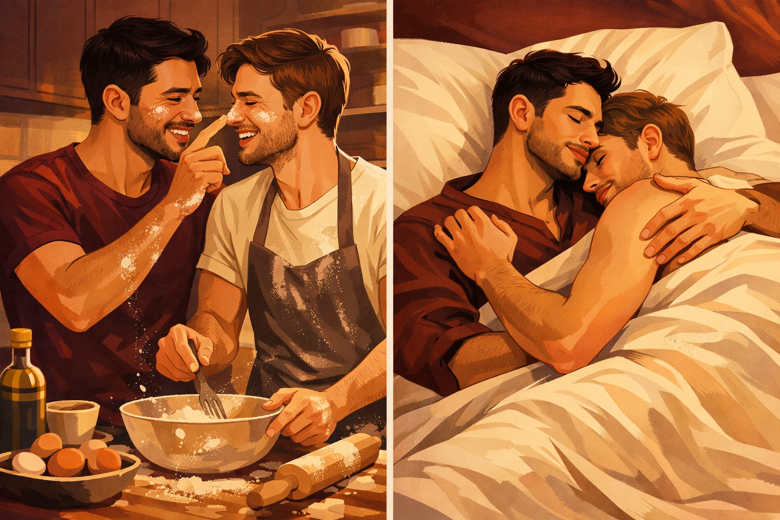 MM romance couple enjoying everyday moments cooking together and intimate embrace