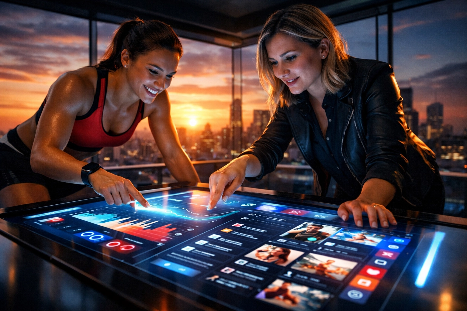 Female athlete and marketing strategist analyzing digital branding data and NIL partnership opportunities.