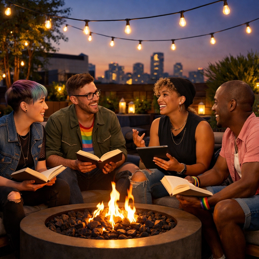 A diverse group of queer friends participating in an outdoor gay book club meeting on a rooftop garden.