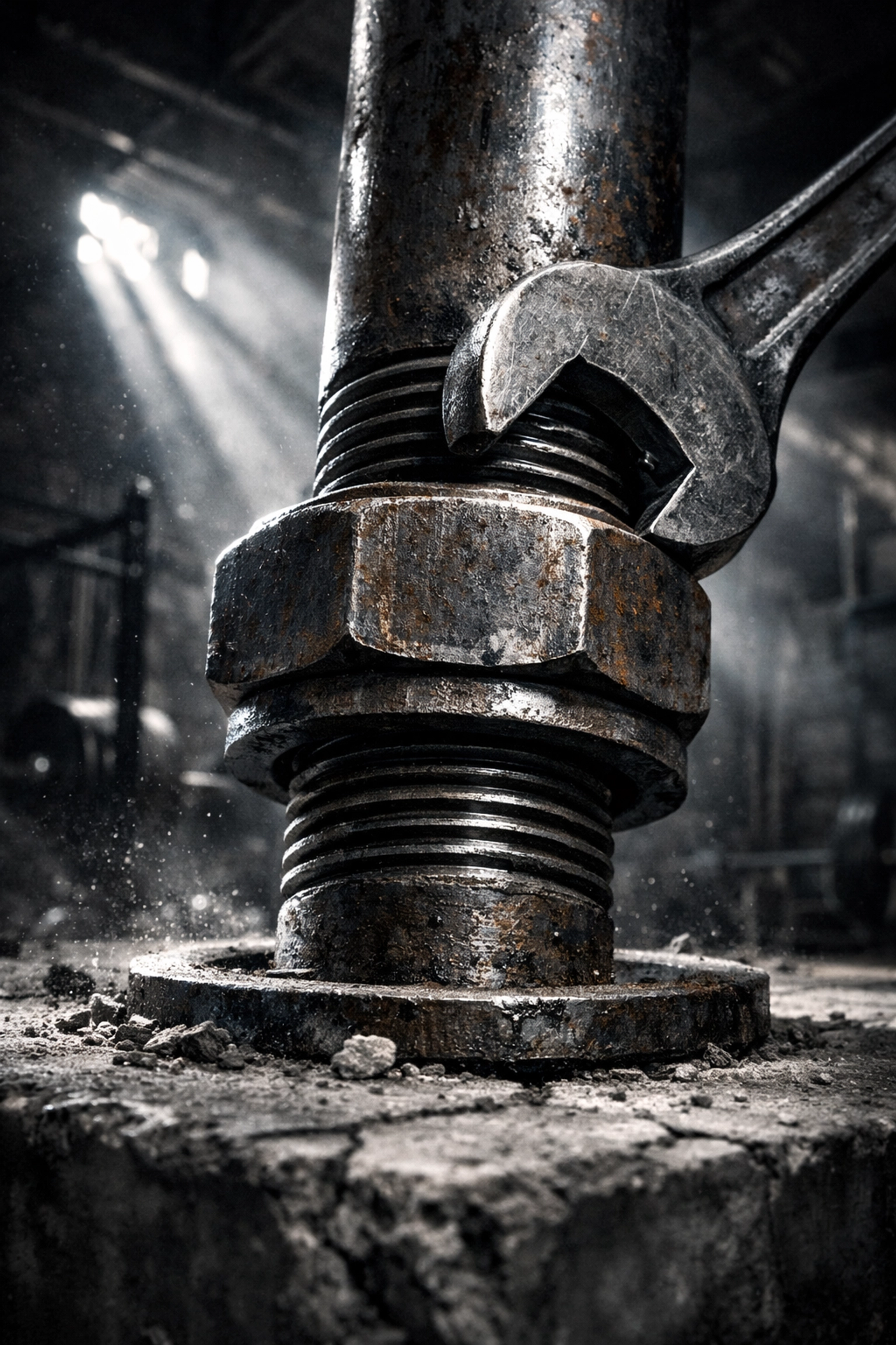 A steel bolt in a dark gym symbolizing testosterone as the foundation for an intelligent fitness protocol.