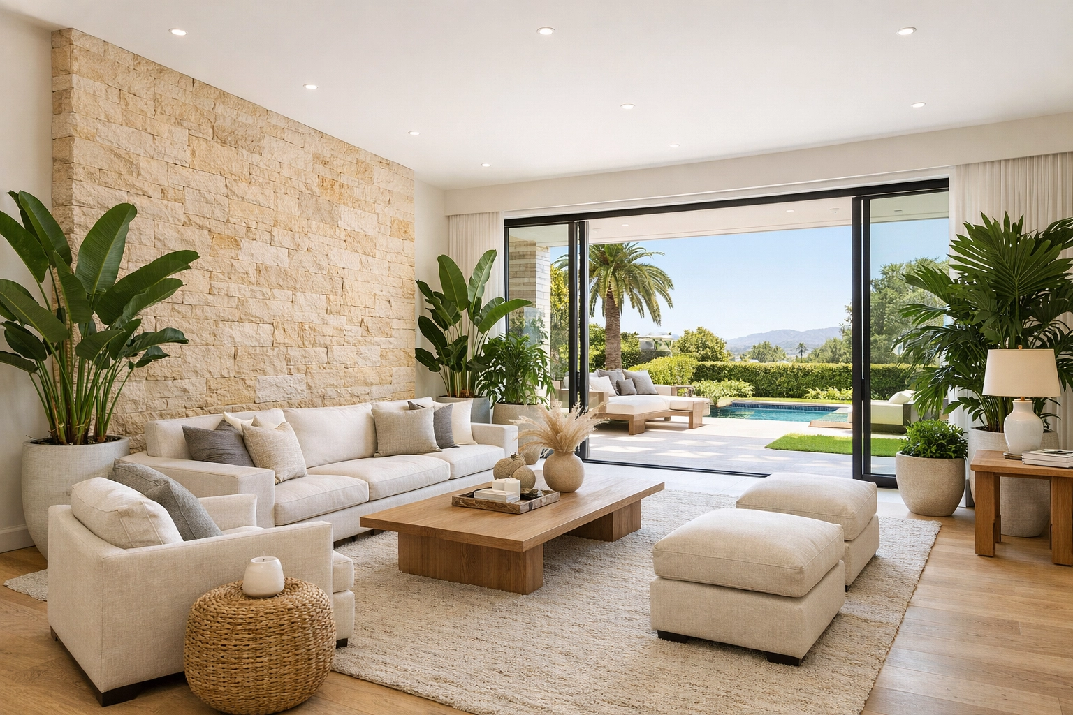Luxury Orlando living room remodel with indoor-outdoor flow, natural stone walls, and glass doors.
