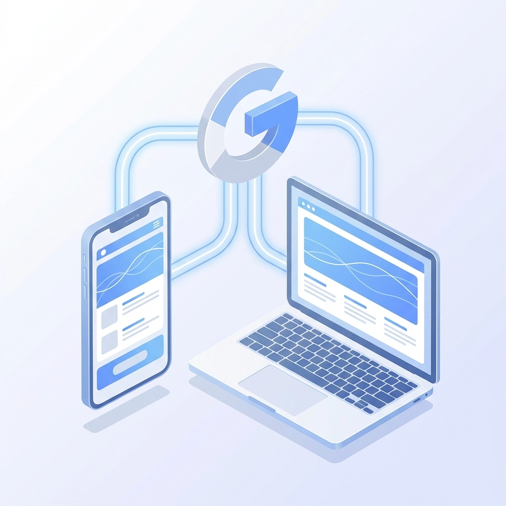 Minimalist illustration showing search traffic flow from Google to websites on mobile and desktop devices