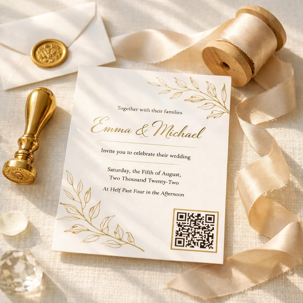 Elegant wedding invitation featuring a QR code for seamless digital RSVPs and wedding funding.