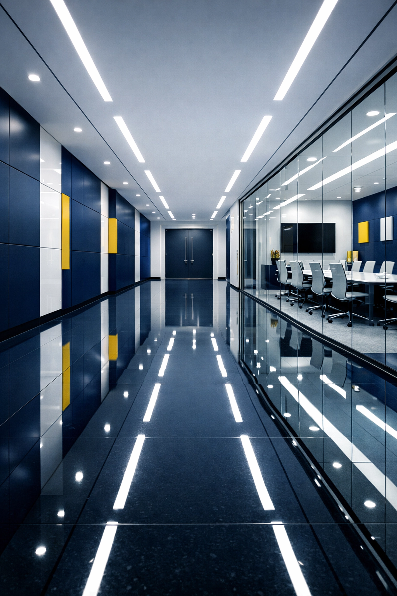 Pristine corporate hallway with polished floors reflecting expert Western MA commercial cleaning standards.