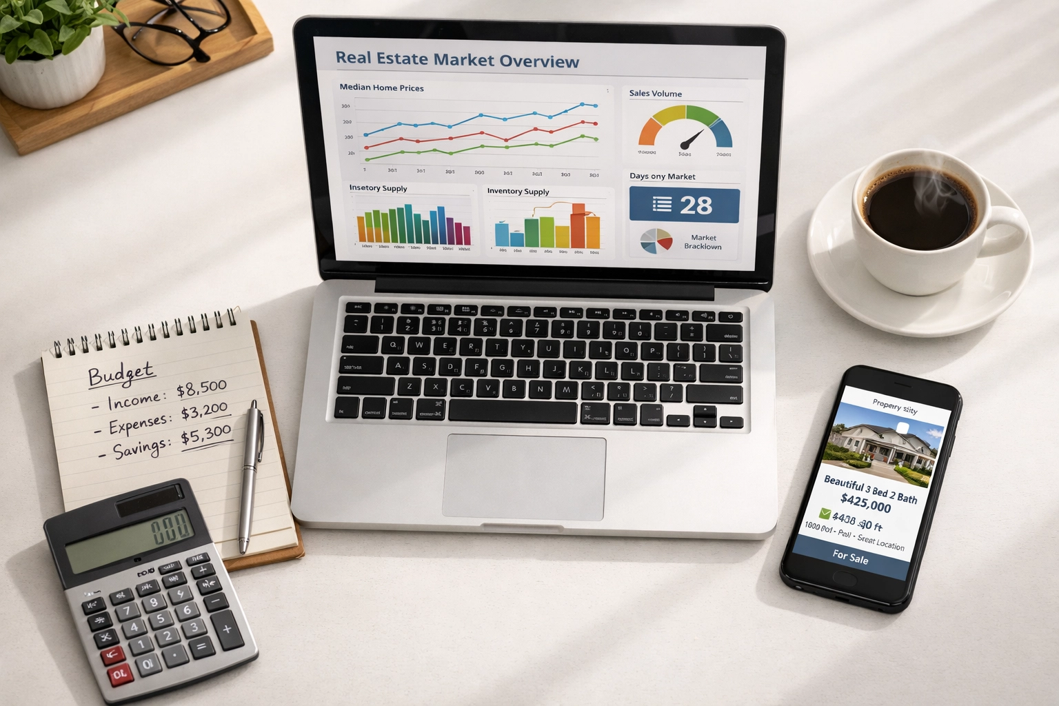 Home buyer researching real estate market data and budget planning to avoid overpaying