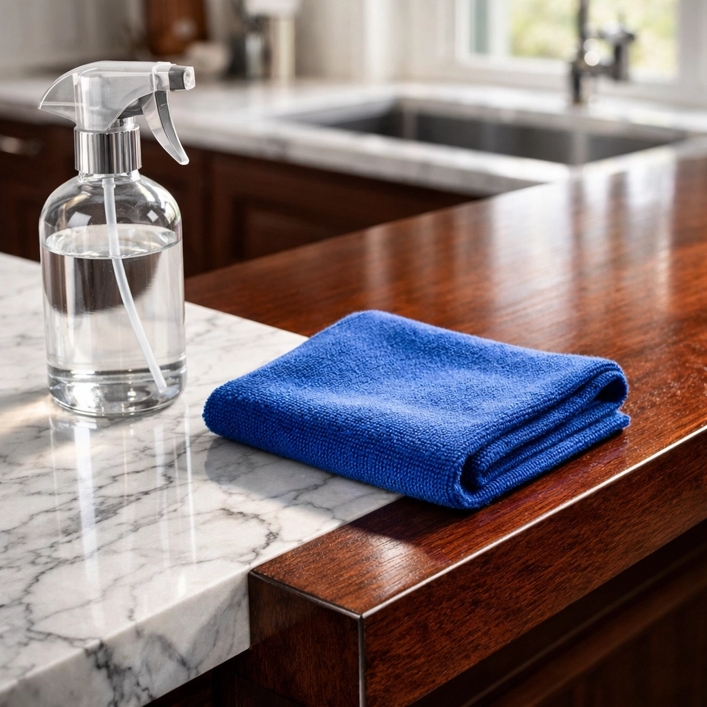Luxury cleaning experts near Case Estates using eco-friendly solutions on premium mahogany and marble surfaces.