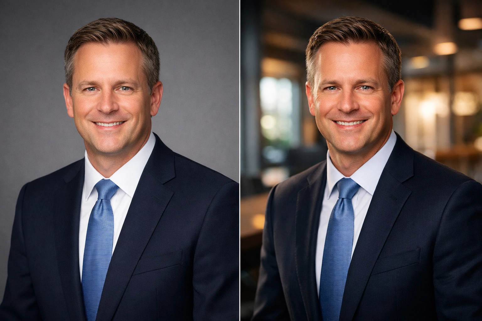 Comparison of studio headshot versus on-location corporate headshot showing environmental depth