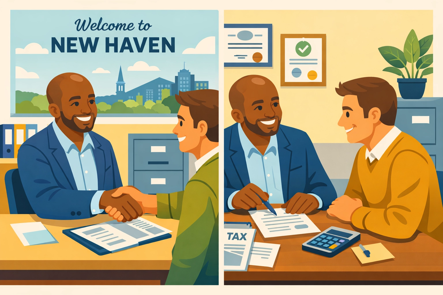 Tax preparer consulting with client in-person at New Haven office