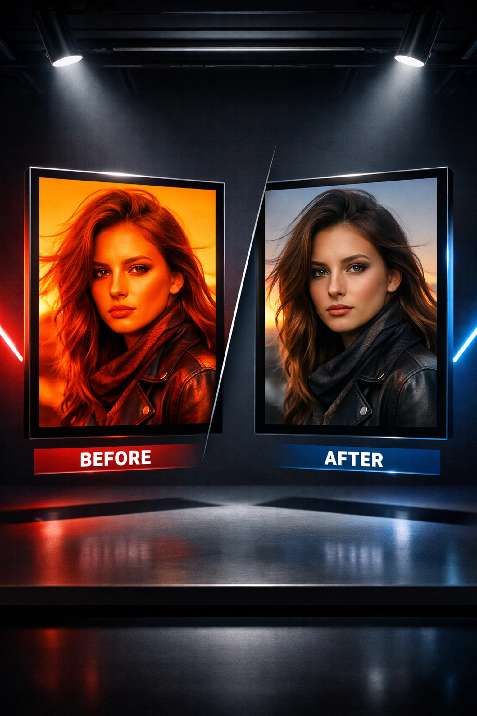 Portrait comparison showing oversaturated skin tones versus balanced Lightroom preset editing