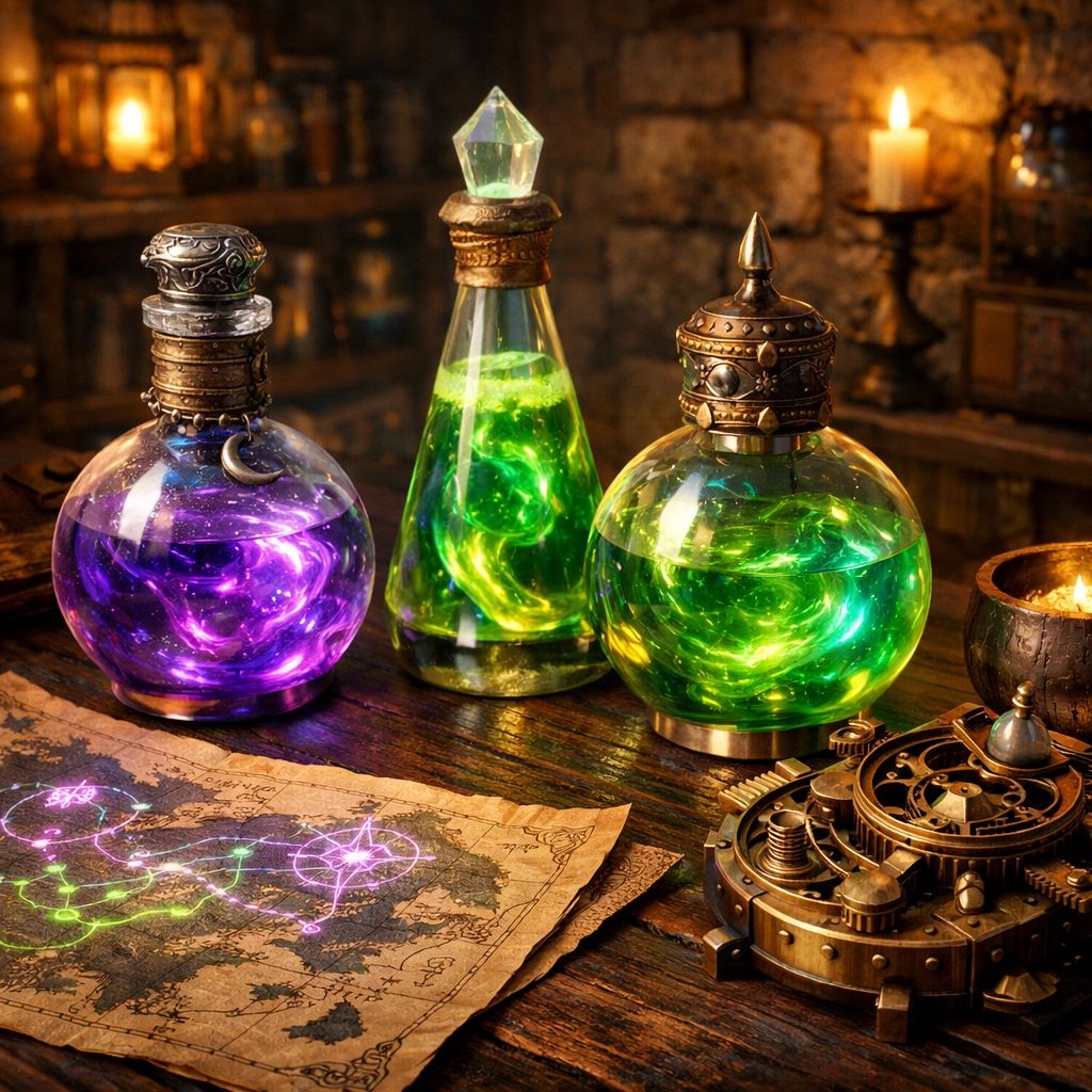 Immersive wizarding world props including potions and magical maps inside a portable escape room experience.