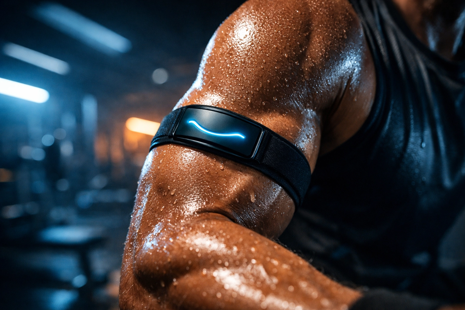 High-performance athlete wearing a biometric sensor for real-time training data in a modern gym.