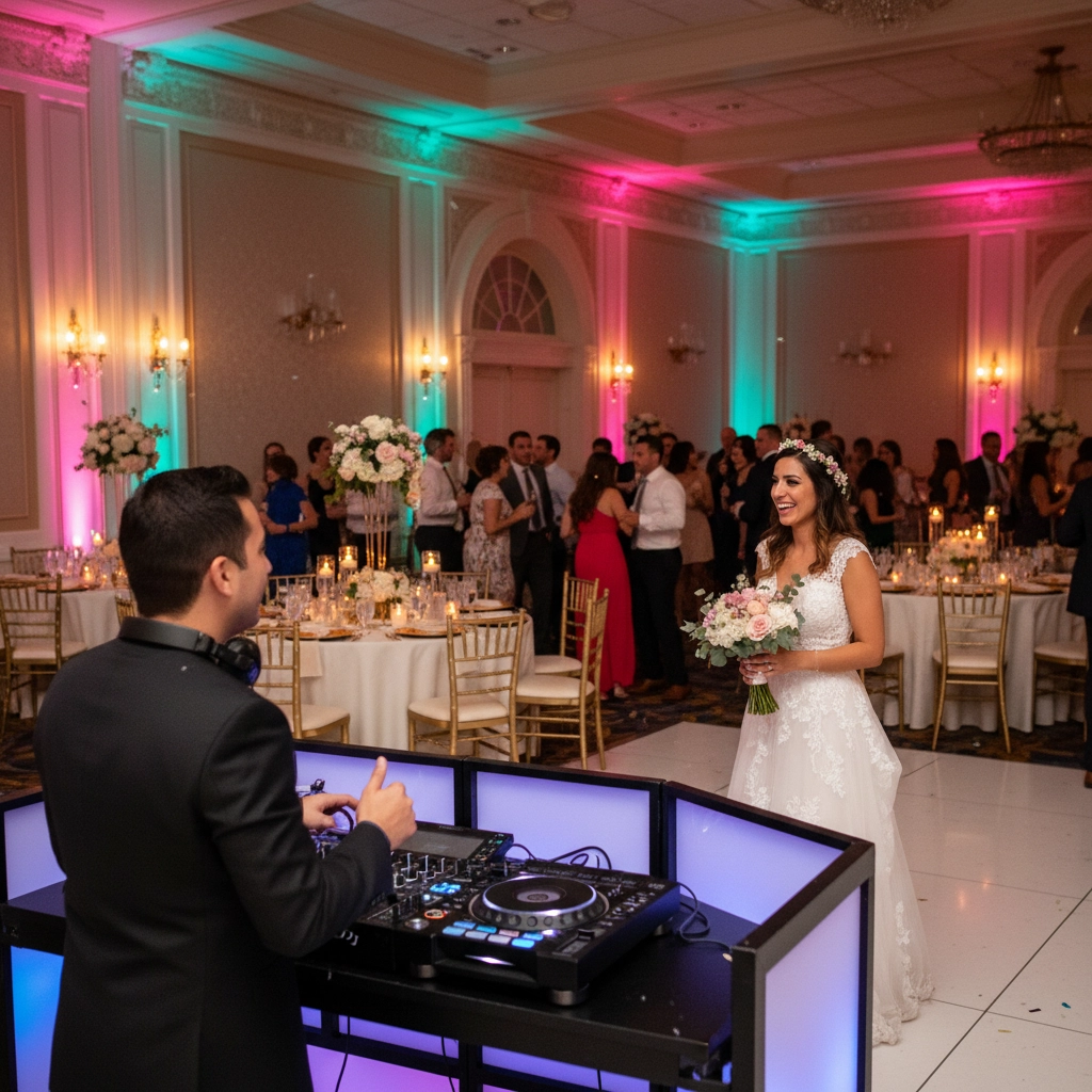 Bride holding flowers smiles at a DJ in a vibrant, decorated room filled with guests dining and dancing under colorful lights.