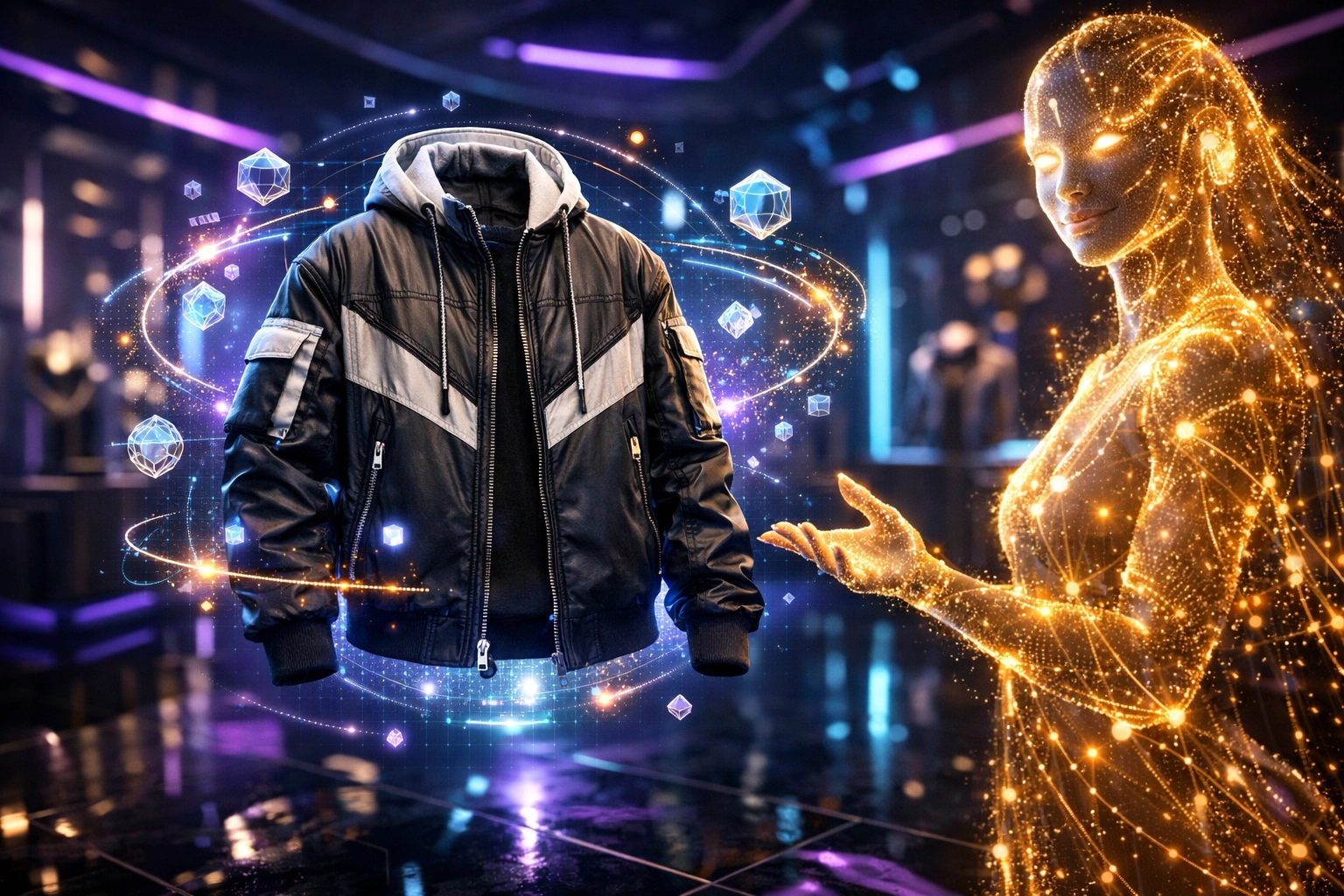 AI personal shopper displaying digital on-chain assets in a futuristic metaverse boutique storefront.