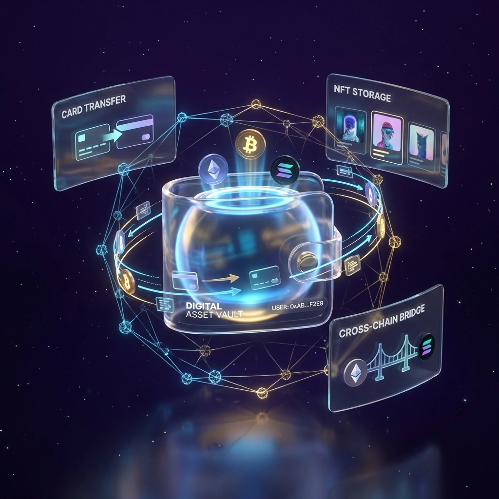 Futuristic digital wallet with crypto symbols and transaction flows, highlighting Larecoin's smart wallet features for seamless crypto payments.