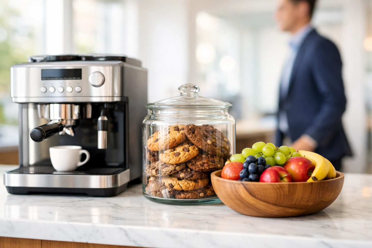 Professional office break room with snacks and coffee representing non-deductible employee perks.