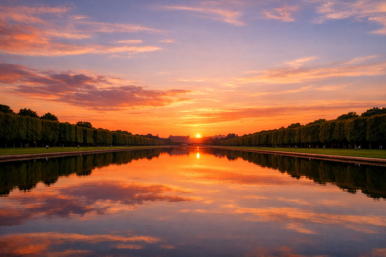 Sunset reflections over the Grand Canal at Versailles, ideal for wide-angle landscape photography.
