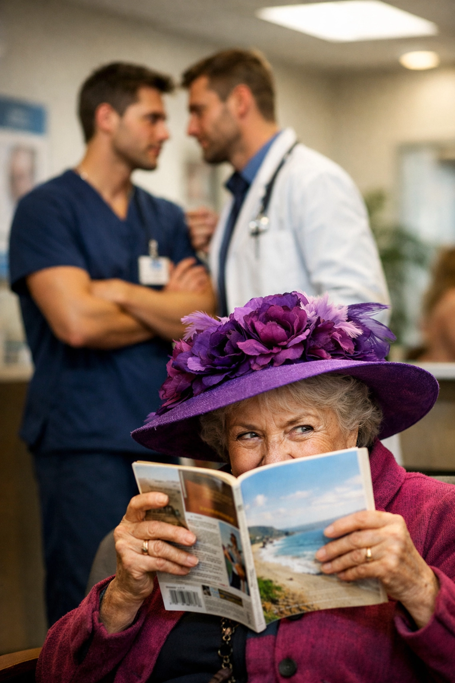 Patient noticing the romantic tension between a gay nurse and doctor in a workplace romance scene.